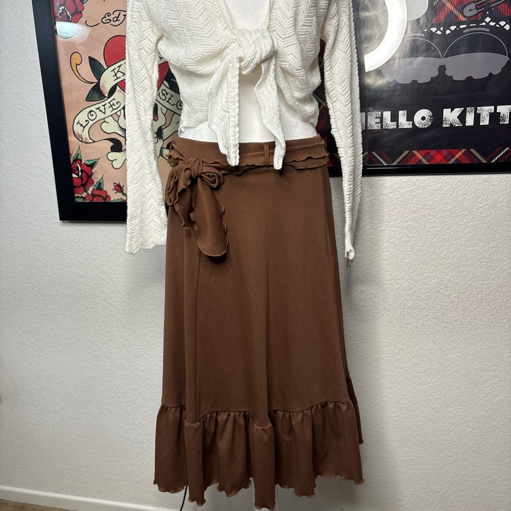 Brown Tie Ruffle Hem Midi Skirt Y2K Boho Cottagecore Fairycore Indie Prairie